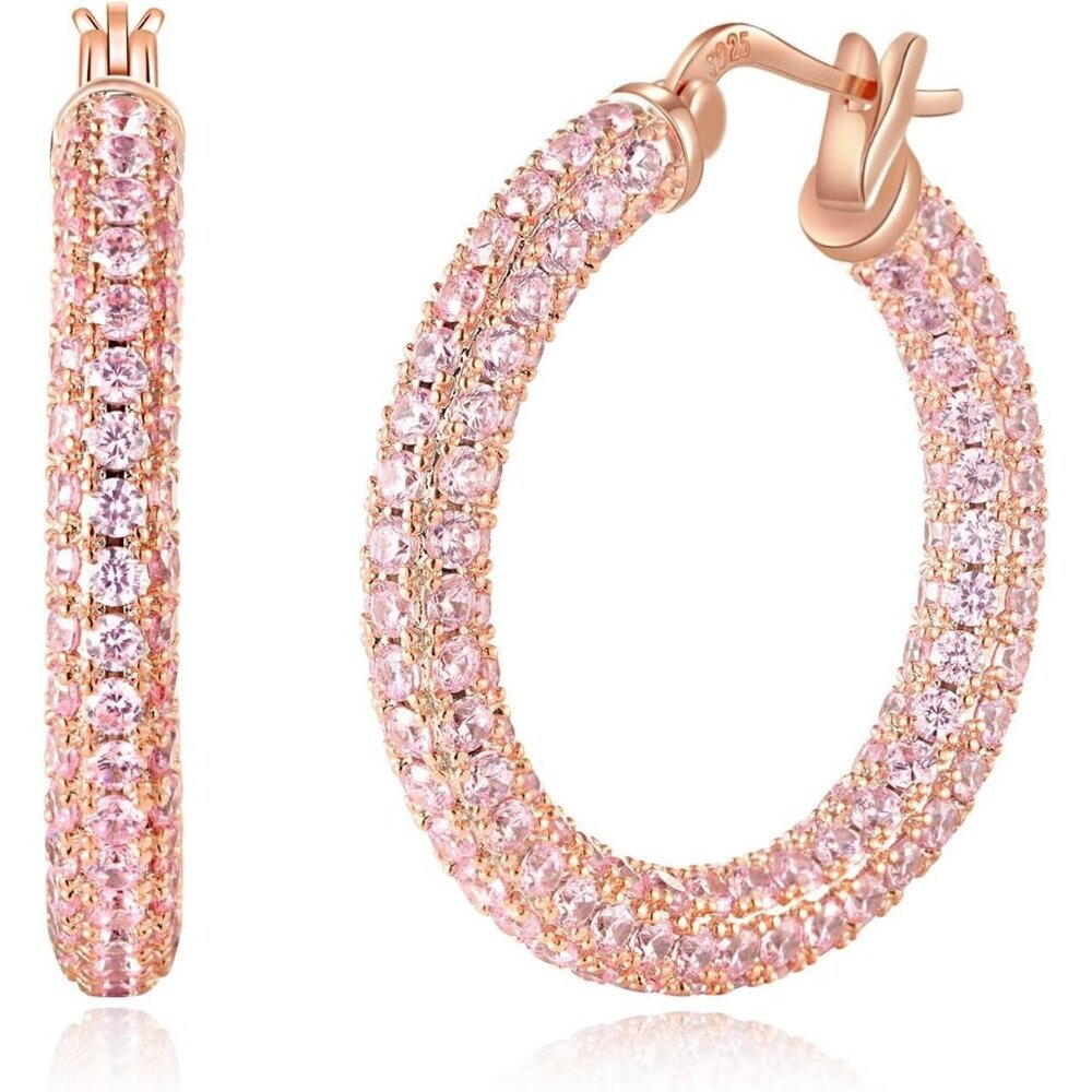 Rose Gold Hypoallergenic 925 Silver Hoop Earrings with Pink CZ, 28mm